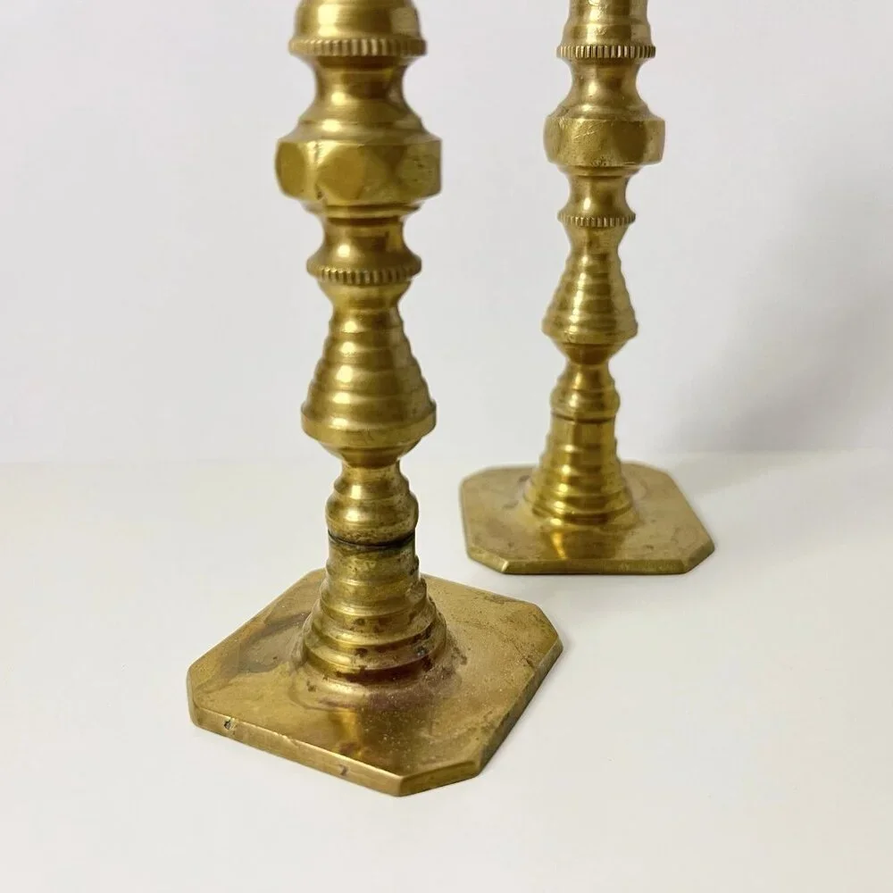 Vintage Mini Solid Brass Candlesticks Pillar Candle Holders Art Deco 2 Pc